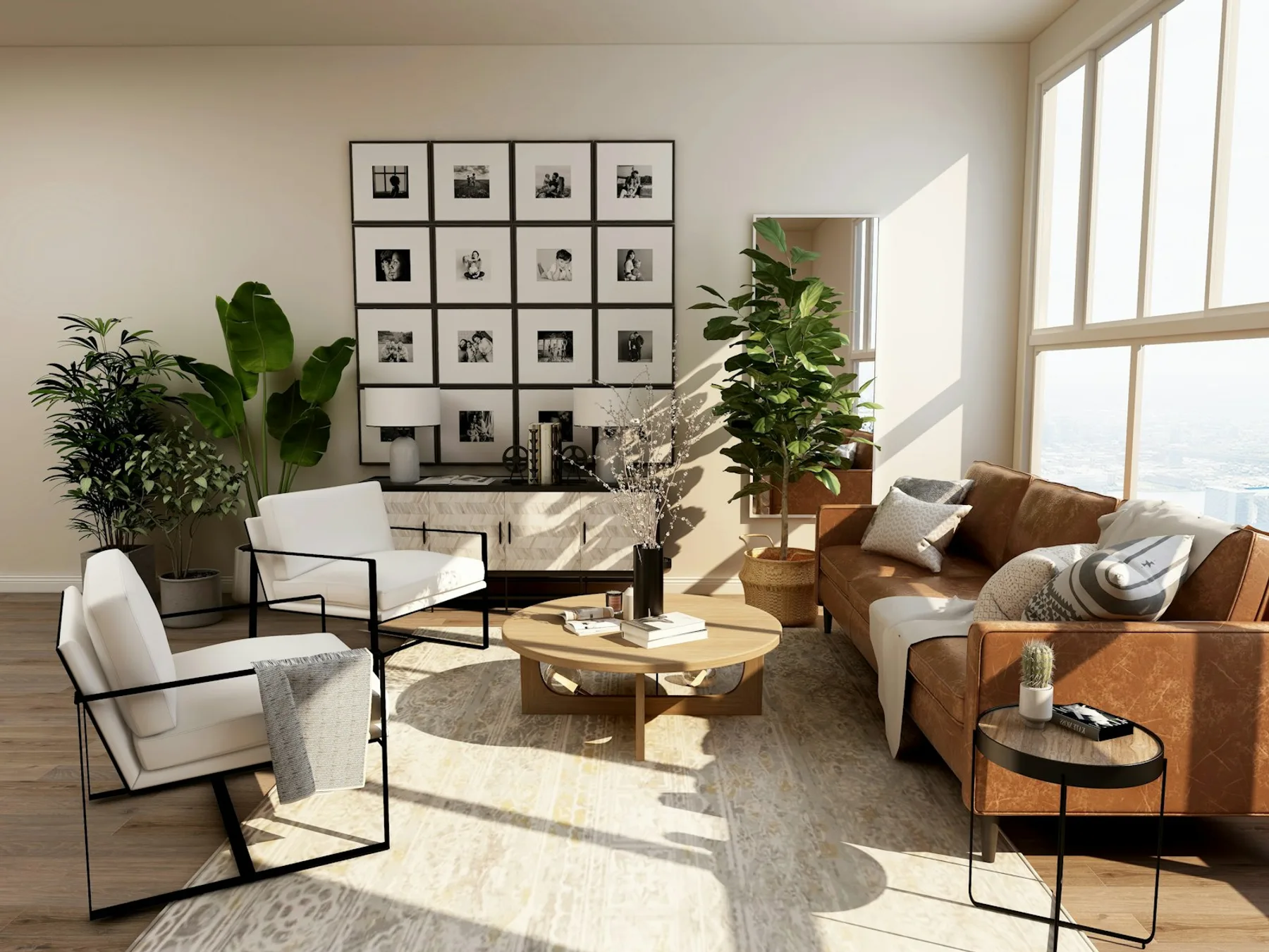Light-filled living space with a neutral palette and natural materials